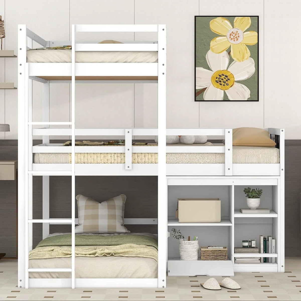 White Triple Bunk Beds with Ladder L67394