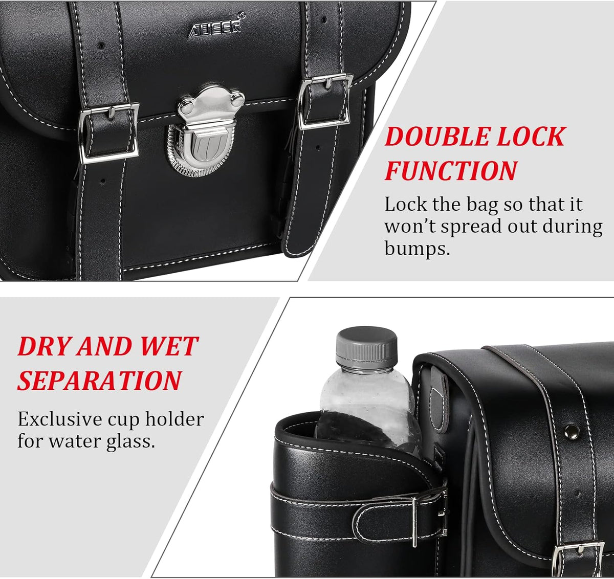 2 Pack Black Synthetic Leather Lockable Motorcycle Saddlebags V385118