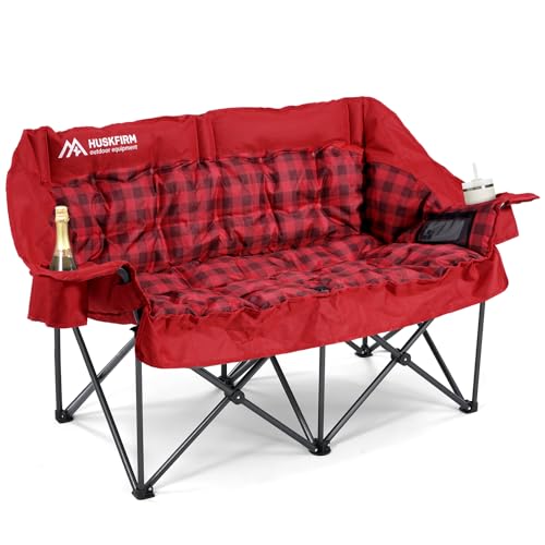 Grey Double Padded Camping Loveseat Chair with Cup Holders and Carry Bag R7224