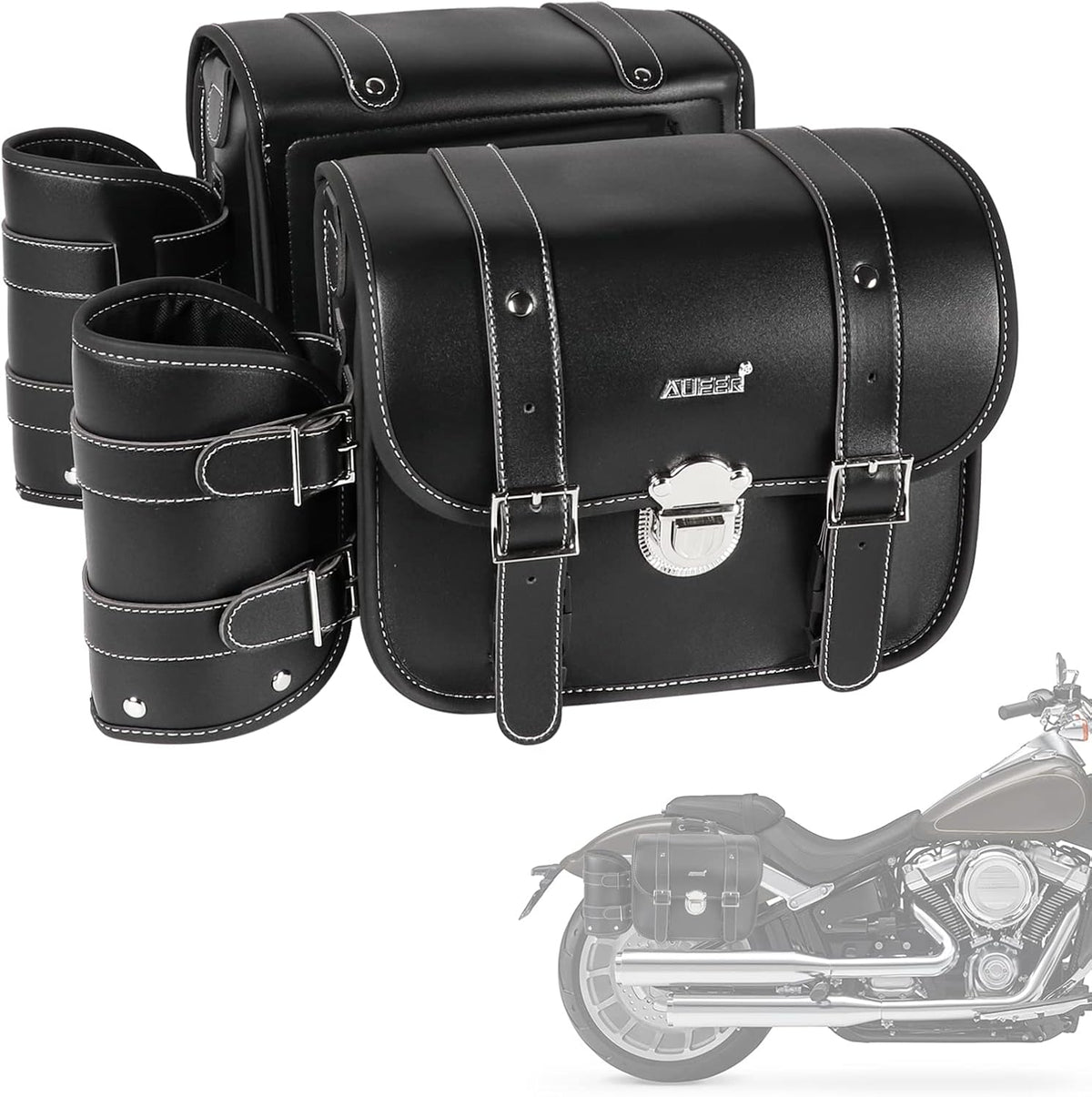 2 Pack Black Synthetic Leather Lockable Motorcycle Saddlebags V385118