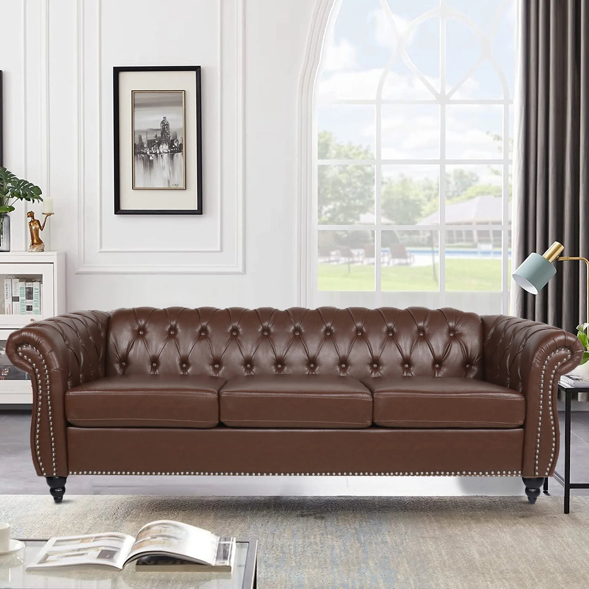 Brown 3 Seater Faux Leather Sofa G889
