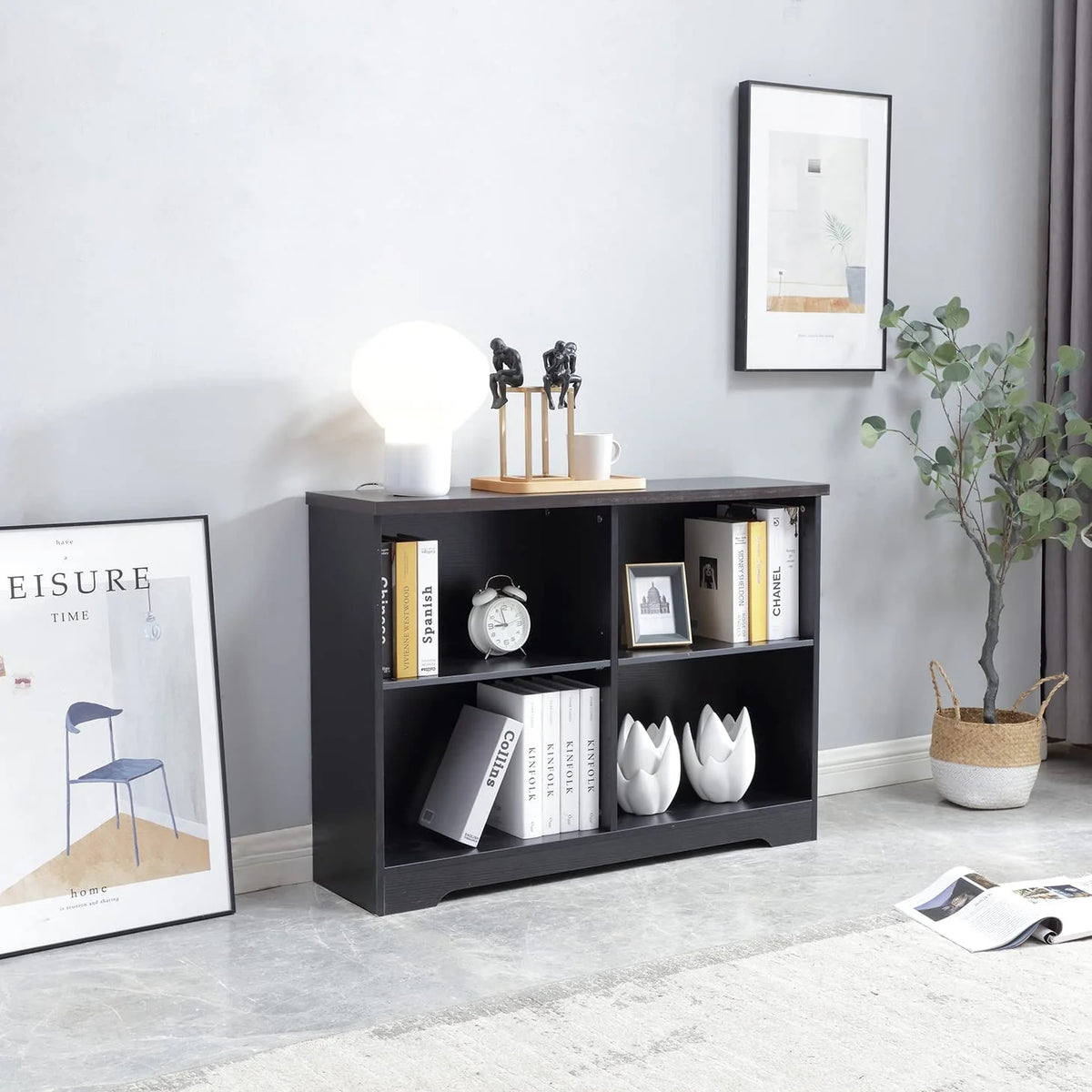2 Tier 4 Open Shelf Wood Bookcase P9796