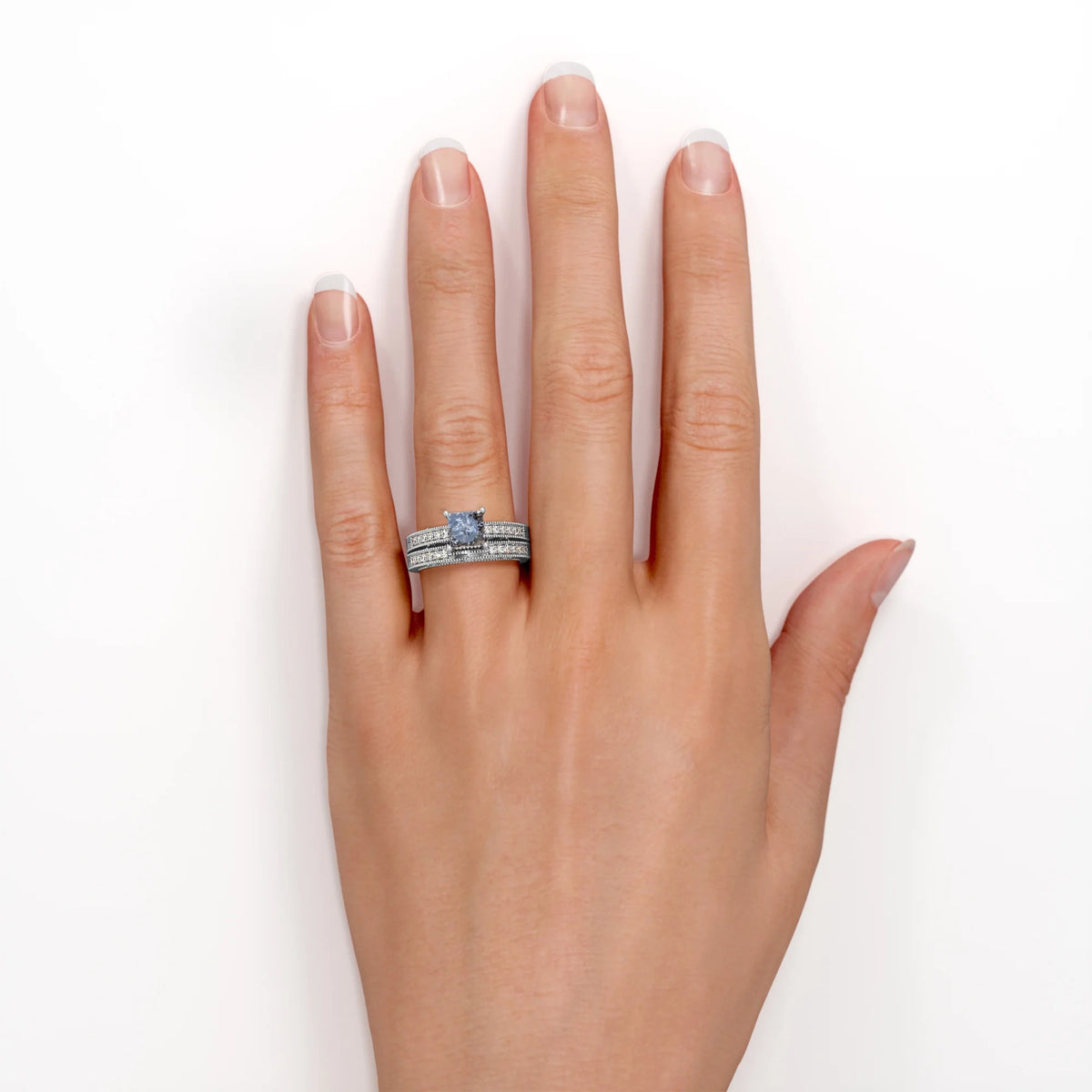 1 Carat Princess Cut Gray Salt and Pepper Diamond Bridal Set in 18K White Gold Plating over Silver I101650