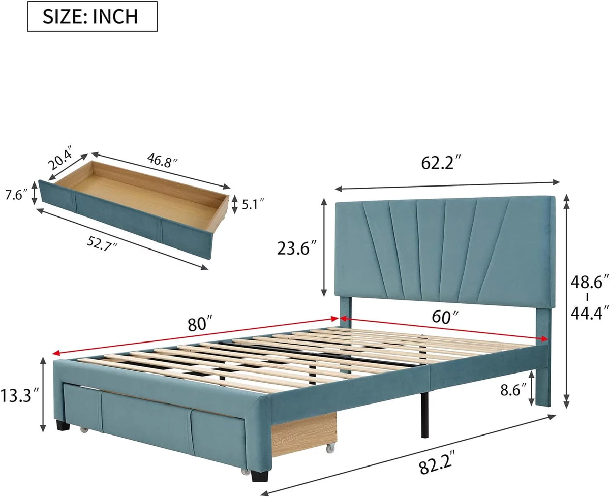 Queen Size Velvet Upholstered Platform Bed Frame with Drawer G5939