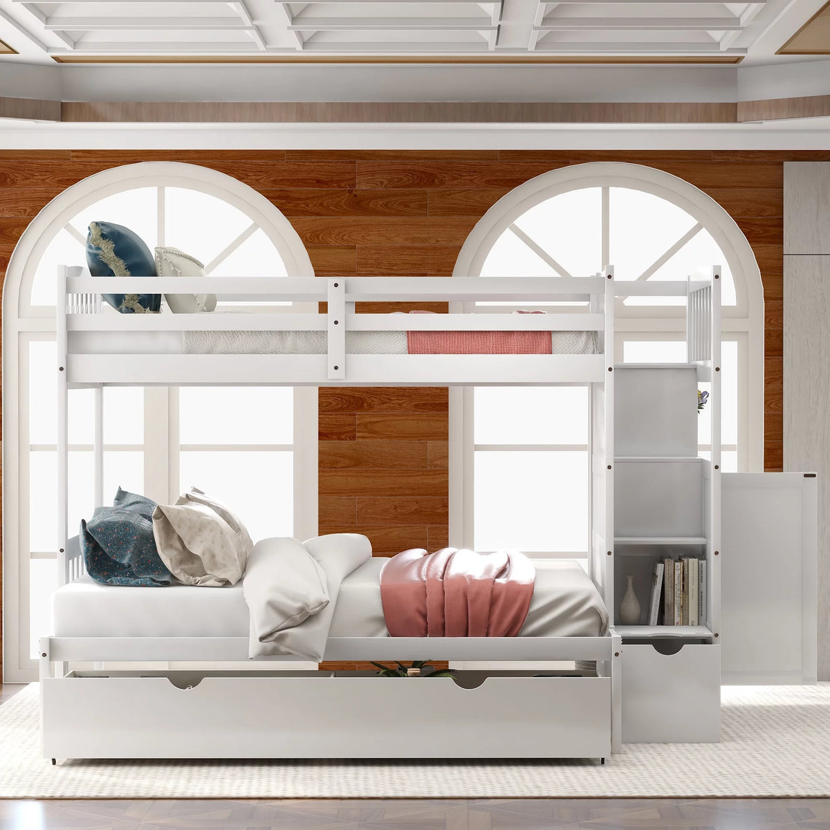 White Twin over Twin Bunk Bed with Drawer and Cabinet S636564
