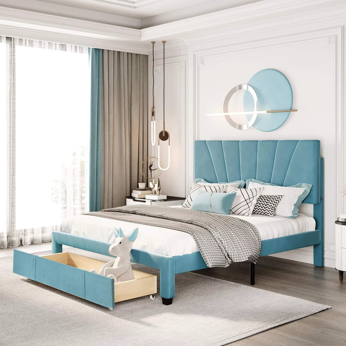 Queen Size Velvet Upholstered Platform Bed Frame with Drawer G5939