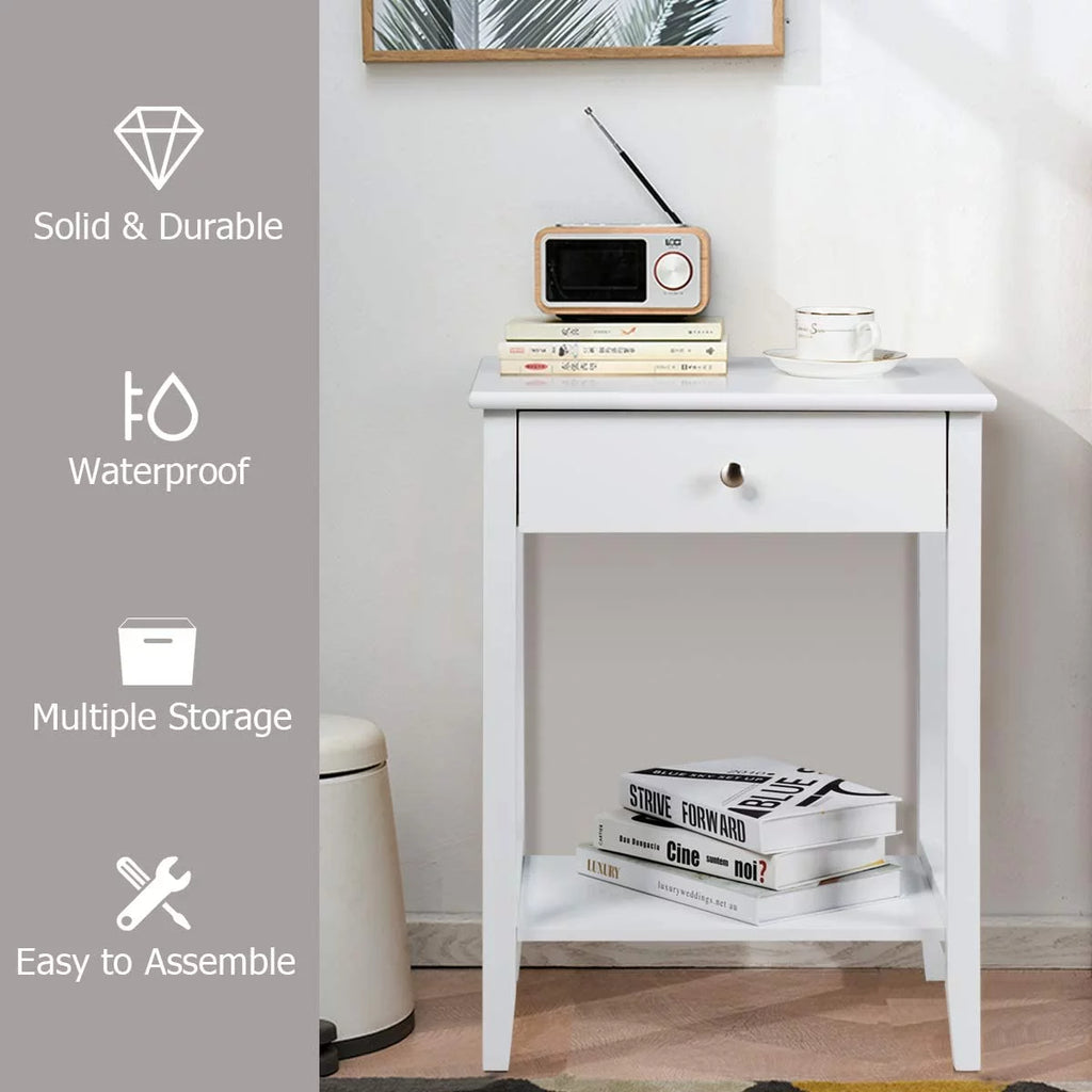 White 2-Tier Wooden Nightstand with Drawer P940027