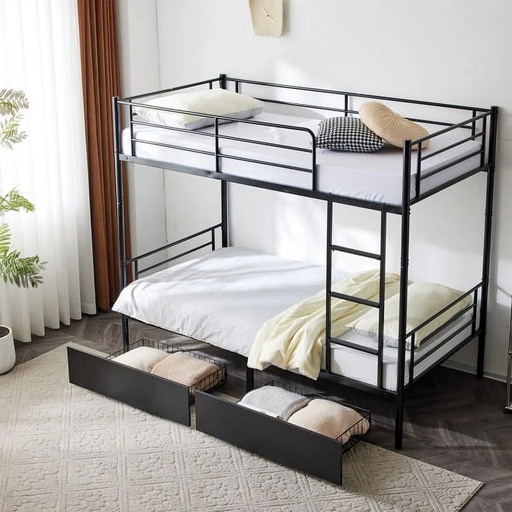 Black Twin Over Twin Iron Convertible Bunk Bed with 2 Storage Drawers K87543