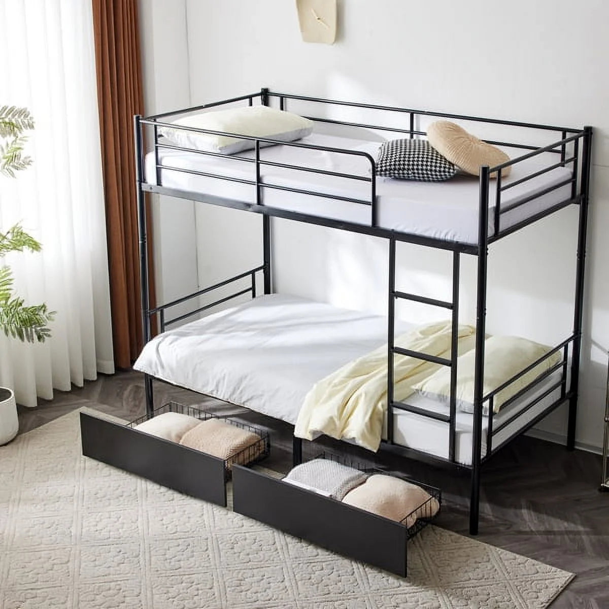 Black Twin Over Twin Iron Convertible Bunk Bed with 2 Storage Drawers K87543