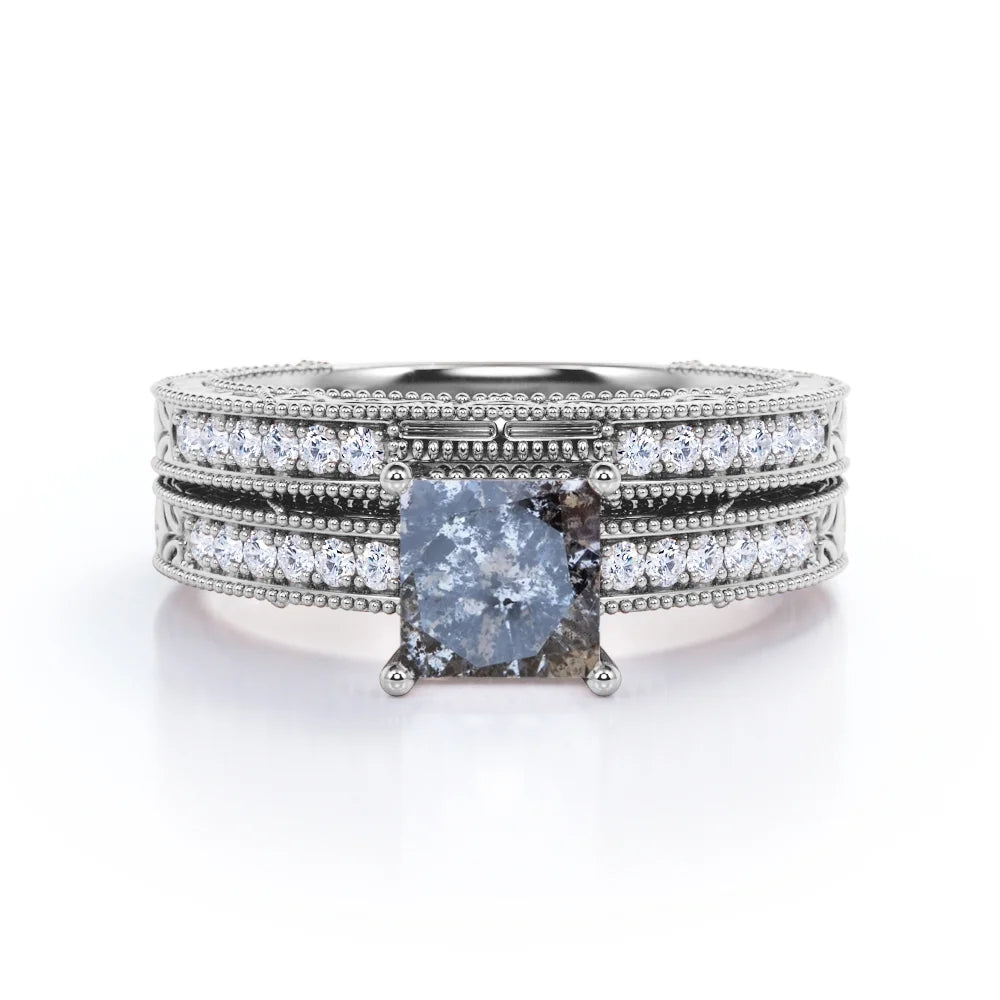1 Carat Princess Cut Gray Salt and Pepper Diamond Bridal Set in 18K White Gold Plating over Silver I101650