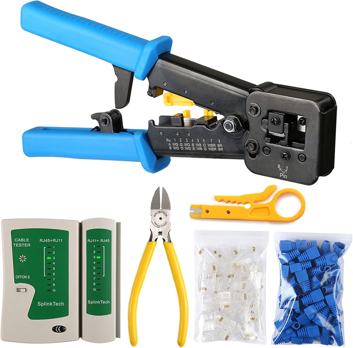 RJ45 Crimp Tool Kit with 50PCS Connectors, 50PCS Covers, Mini Wire Stripper, Wire Cutter A723