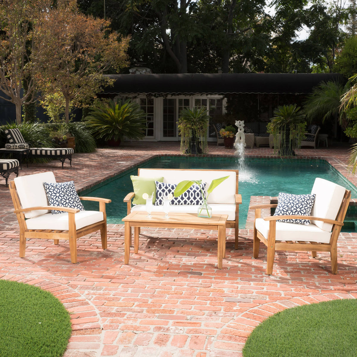 4 PC Acacia Wood Chat Set with Water Resistant Cushions Beige K1080