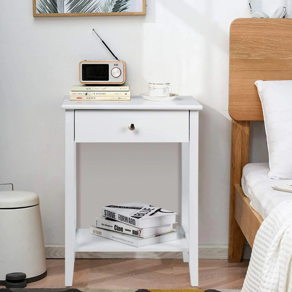 White 2-Tier Wooden Nightstand with Drawer P940027