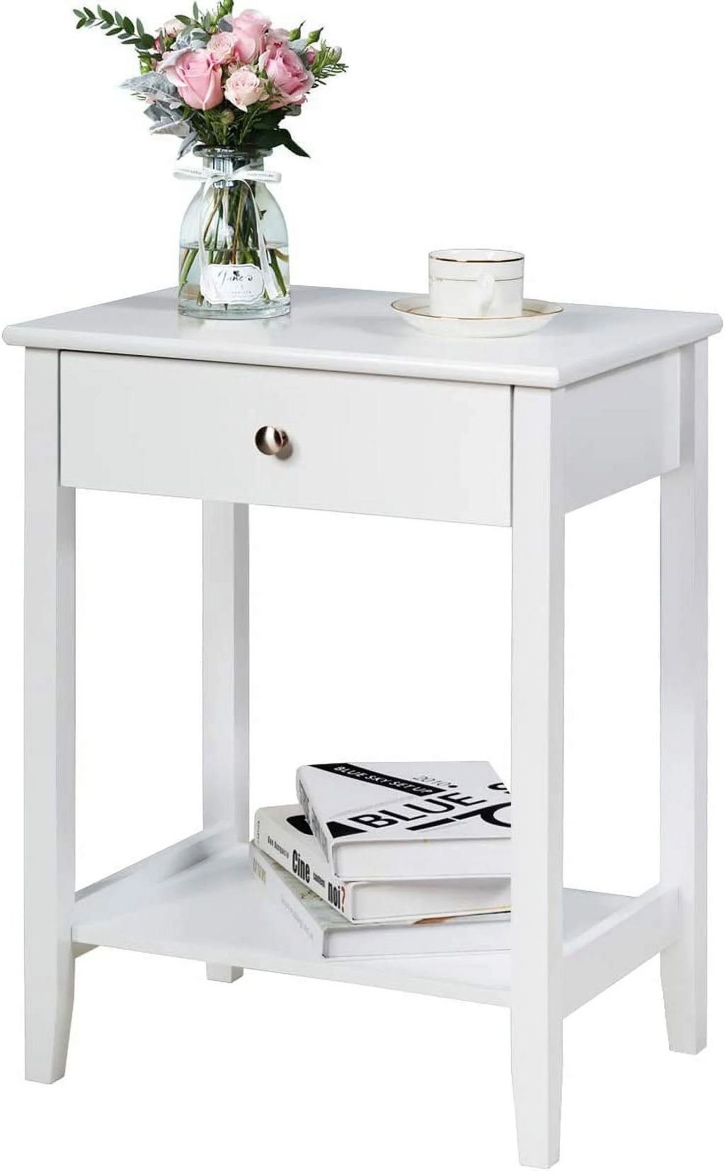 White 2-Tier Wooden Nightstand with Drawer P940027