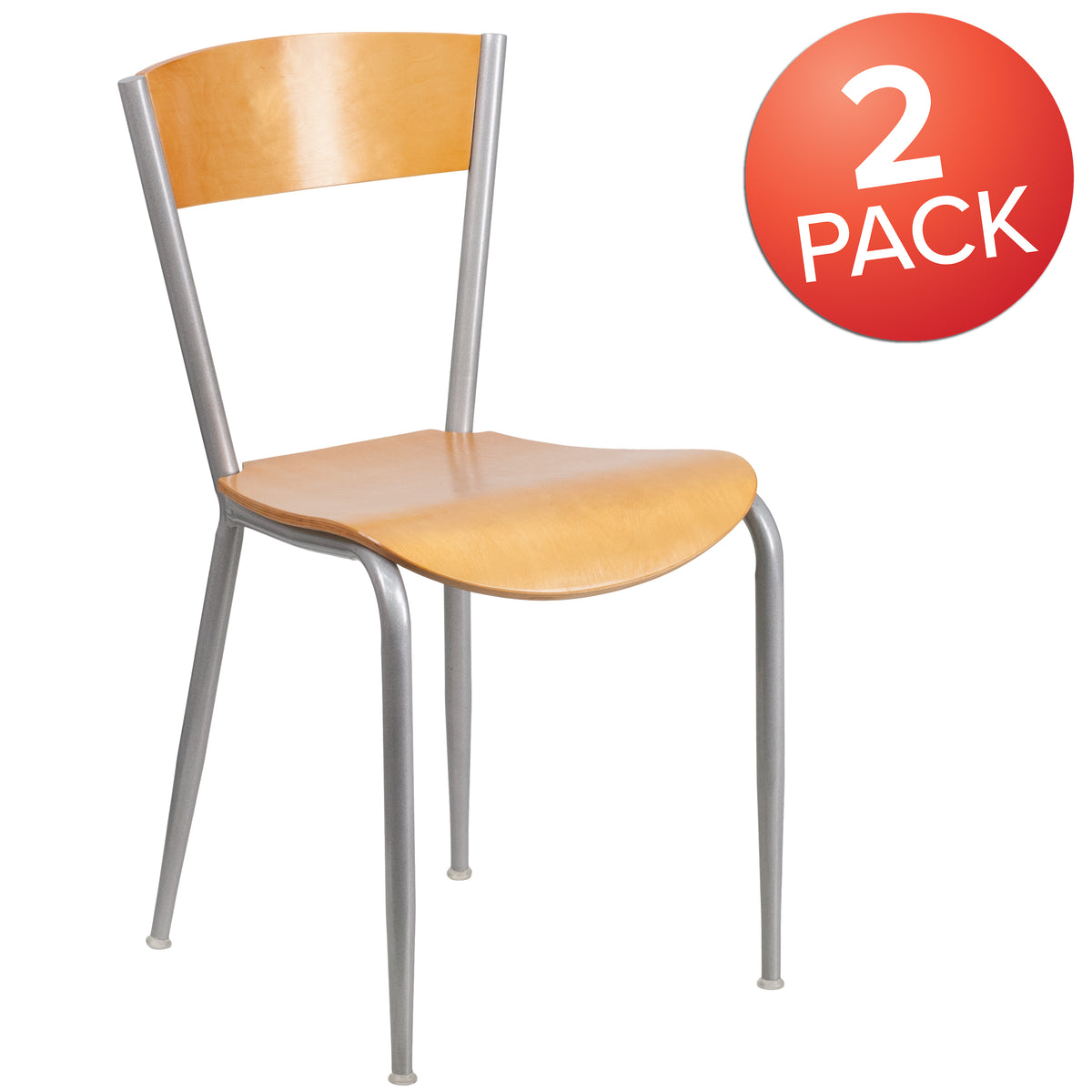2 Pack Silver Metal Restaurant Chair with Natural Wood Back and Seat O4677