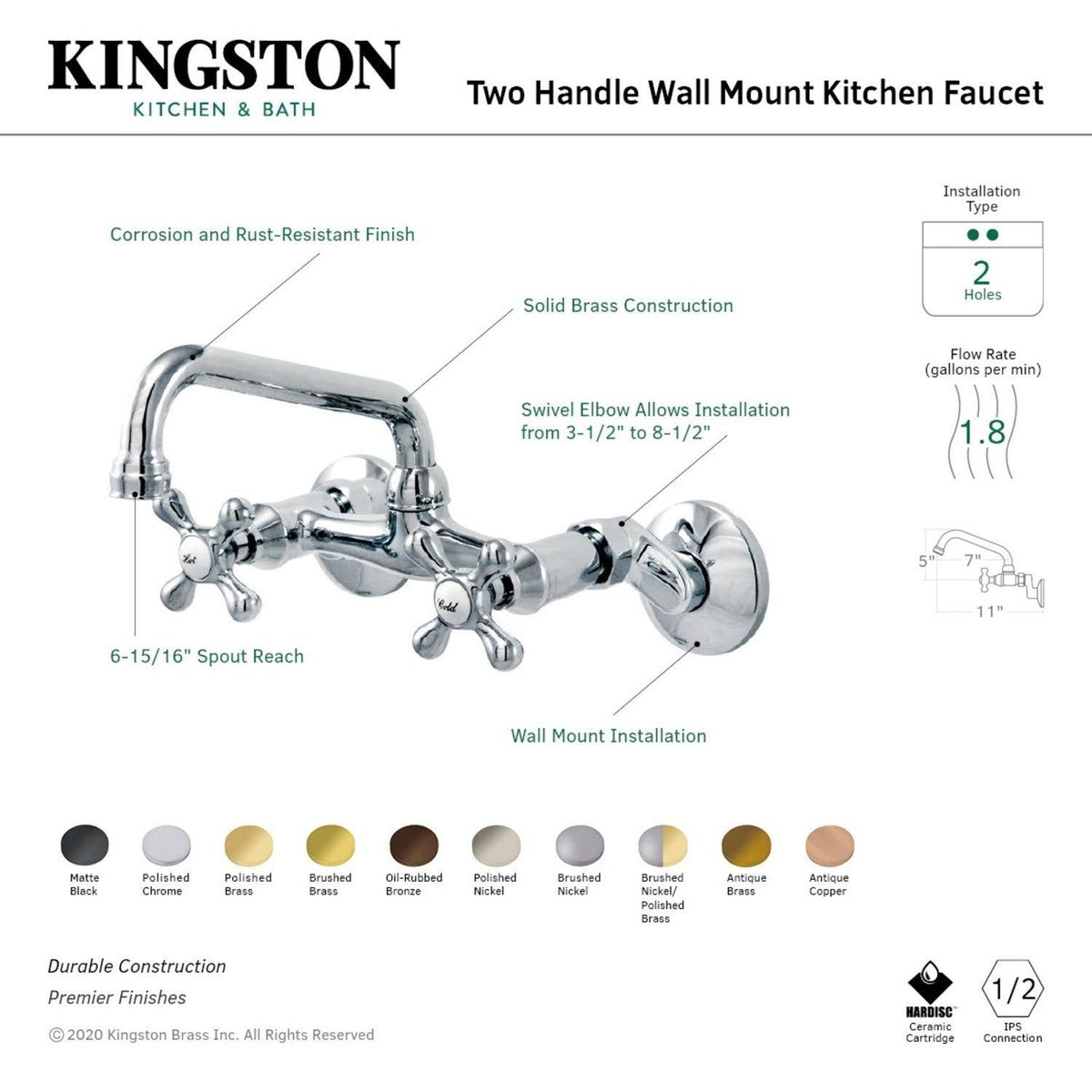 Polished Nickel Two Handle Wall Mount Kitchen Faucet H486817
