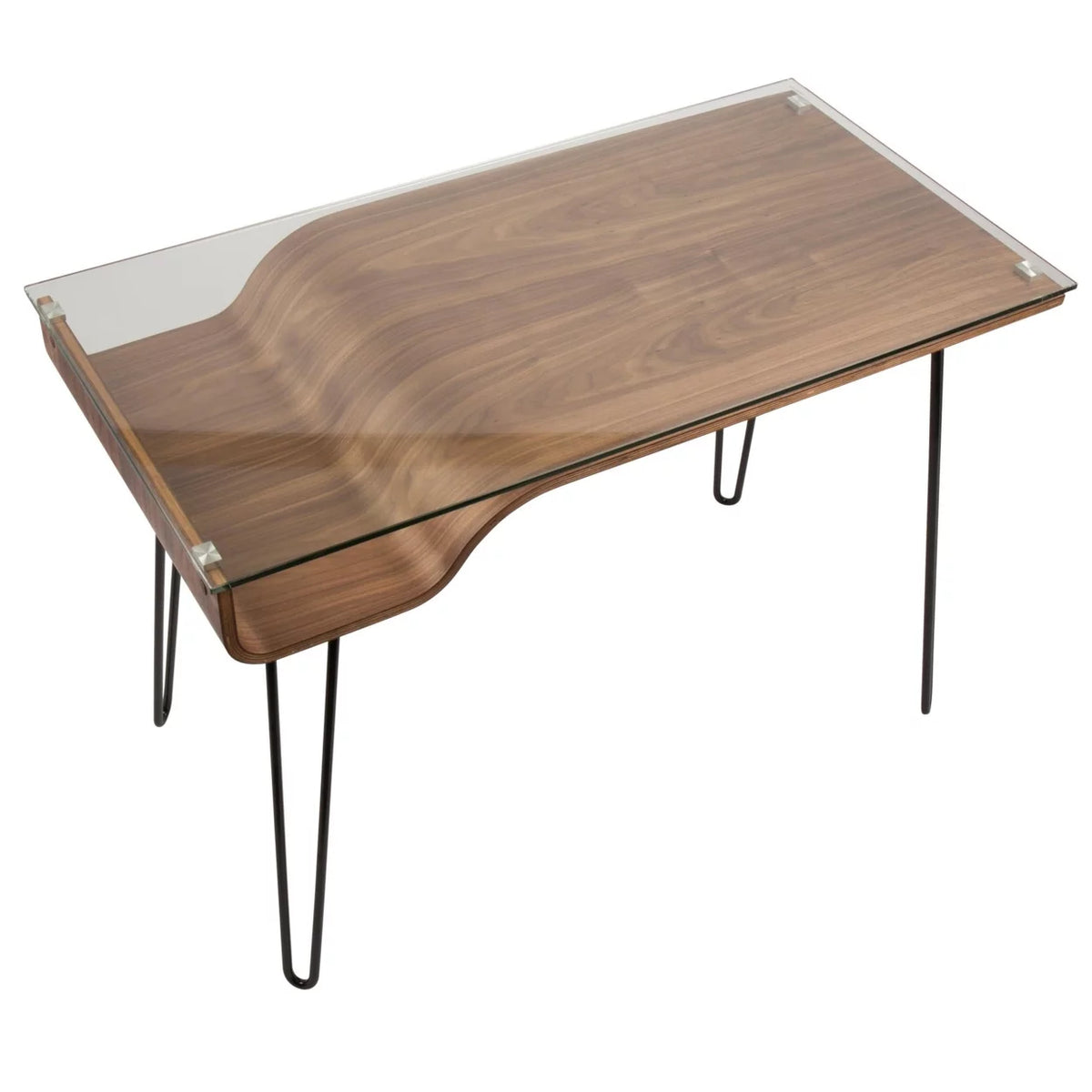 Mid-Century Modern Desk in Walnut Wood, Glass, and Black Metal P2653