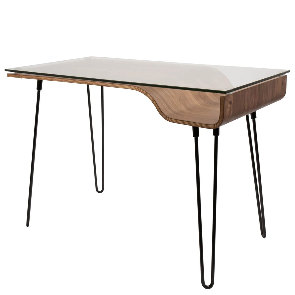 Mid-Century Modern Desk in Walnut Wood, Glass, and Black Metal P2653