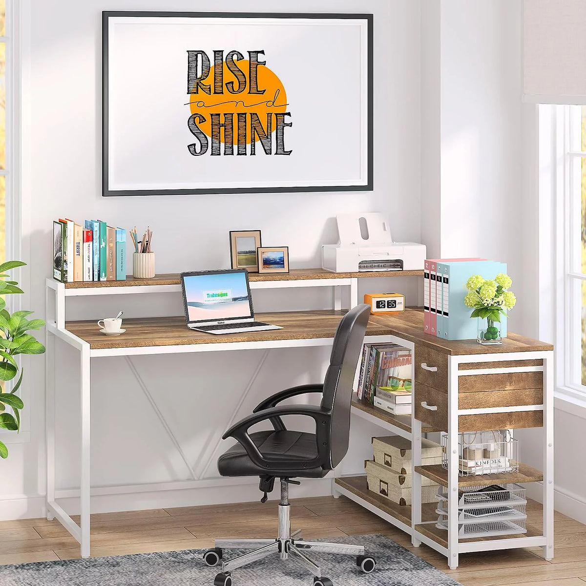 L Shaped Corner Desk with Drawer and Storage Shelves Q90656
