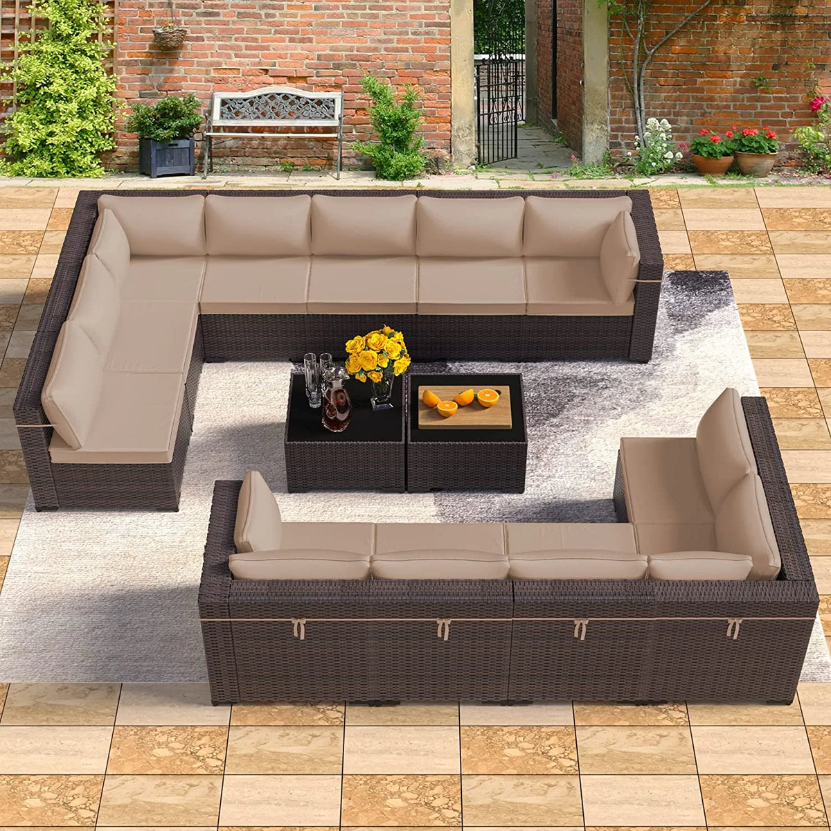 14 Pieces All Weather PE Wicker Patio Sectional Sofa Set with Coffee Table D88202