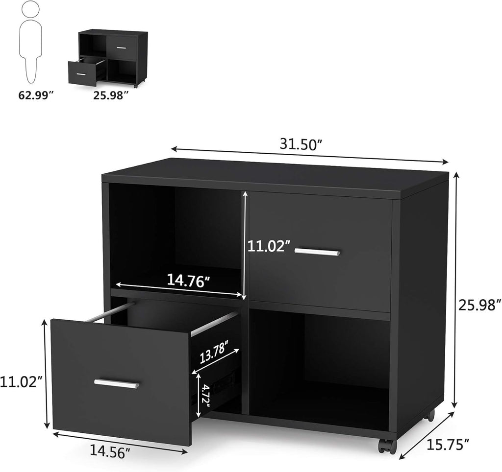 2 Drawers Mobile Lateral Filing Cabinet with Open Storage Shelves and Wheels B67863