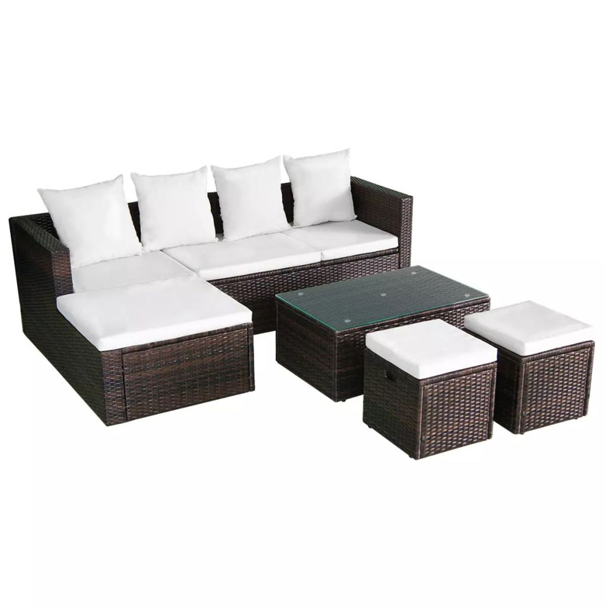 4 Piece Outdoor Conversation Set Cushioned Corner Sofa with Coffee Table and 2 Ottomans Brown Poly Rattan Q7333